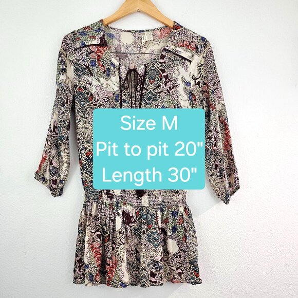 Japna Womens Sz M Vibrant Colorful Print Boho Top Tunic Tassel Hippie Blouse - Picture 7 of 8